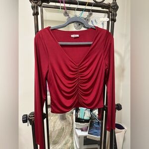 Elegant Red Ruched V-Neck Top
